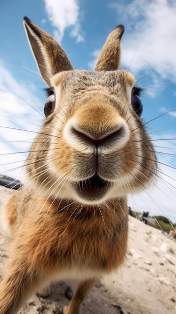 Rabbit or hare touches camera taking selfie Funny selfie portrait of animal