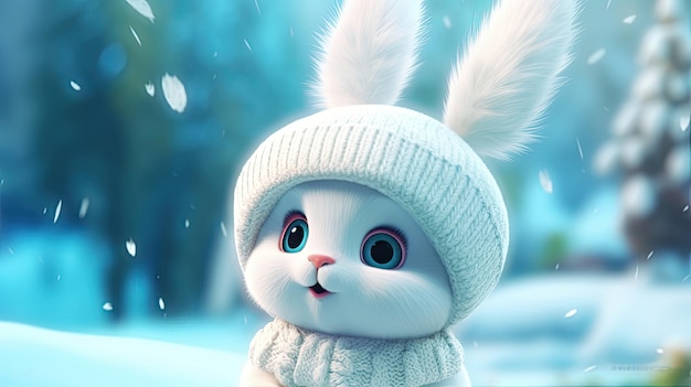 A rabbit in a hat sits in a snowy scene.