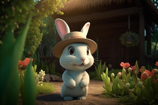 A rabbit in a hat stands in a garden with flowers.