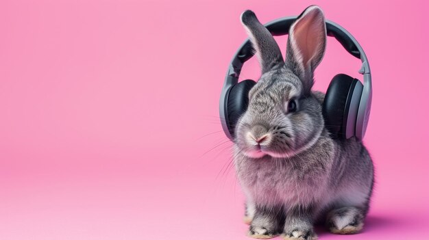 Photo rabbit in headphones closeup