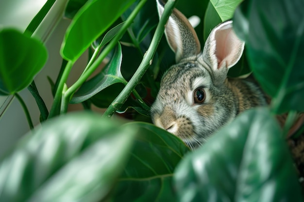 Rabbit hiding among green leaves