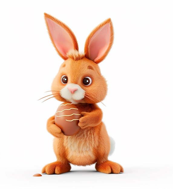 Rabbit holding a 3D chocolate egg on white background