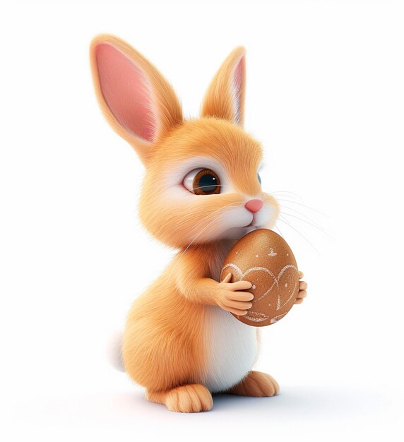 Rabbit holding a 3D chocolate egg on white background