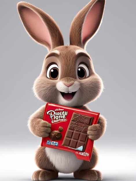 チョコレートバーを握っているウサギの写真を掲げたチョコテープの箱を握るウサギ