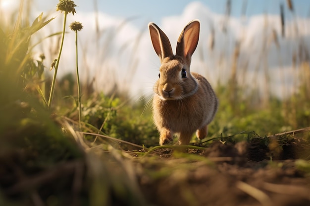 A rabbit hopping in the grass