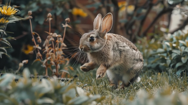 rabbit hopping playfully in an outdoor enclosure reveling in the freedom to explore