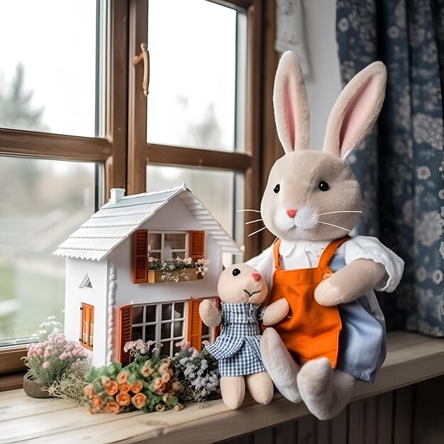 Кролик и домик на подоконнике.