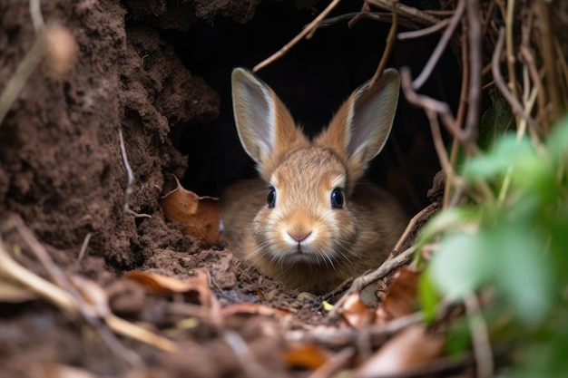 A rabbit huddled in its burrow during a rainy day