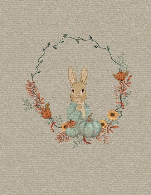 Rabbit illustration, greeting card with rabbit, autumn card,\
thanksgiving day, invitation