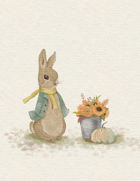 Rabbit illustration, greeting card with rabbit, autumn card, thanksgiving day, invitation