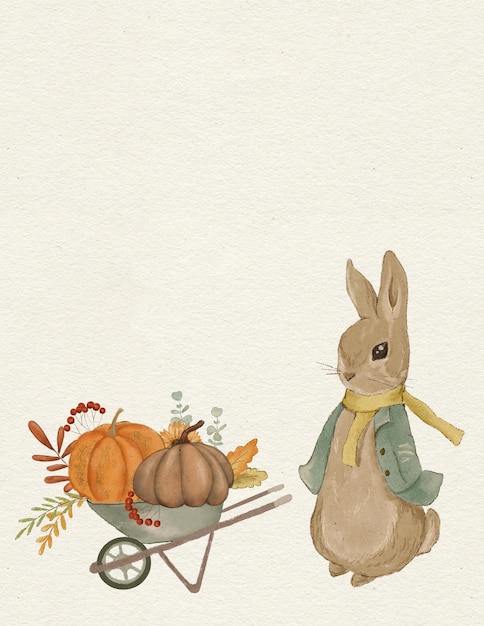 Photo rabbit illustration, greeting card with rabbit, autumn card, thanksgiving day, invitation