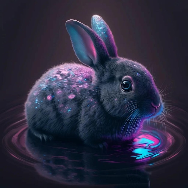 A rabbit is floating in the water with a purple and blue background.