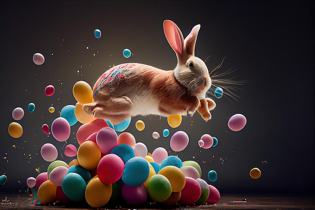 A rabbit is jumping in a pile of balloons