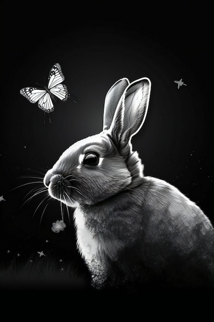 A rabbit is looking at a butterfly on a black background.