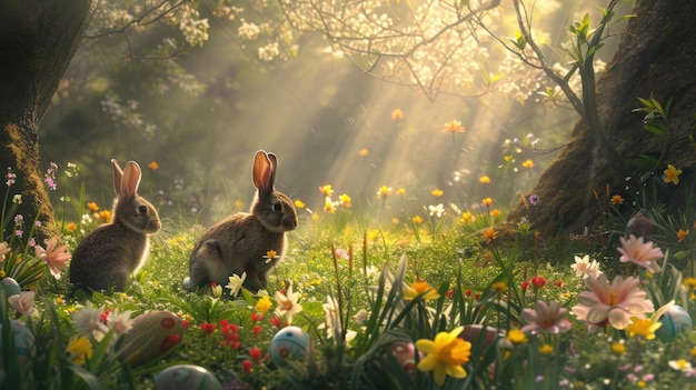 A rabbit is nestled among flowers in a forest meadow aige