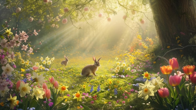 A rabbit is nestled among flowers in a forest meadow aige