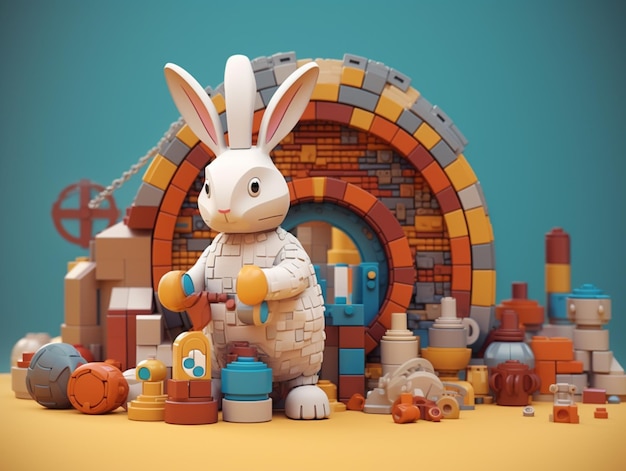 A rabbit is painting a brick wall with a brick wall in the background.