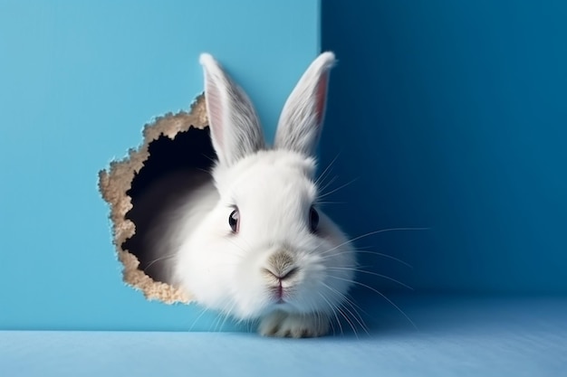 A rabbit is peeking out of a hole in a blue background.