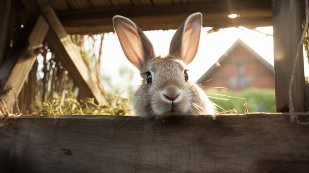 A rabbit is peeking over a wooden fence