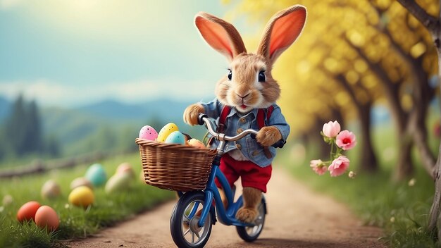 A rabbit is riding a bicycle with a basket full of Easter eggs