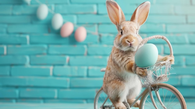 a rabbit is riding a bike with eggs on it