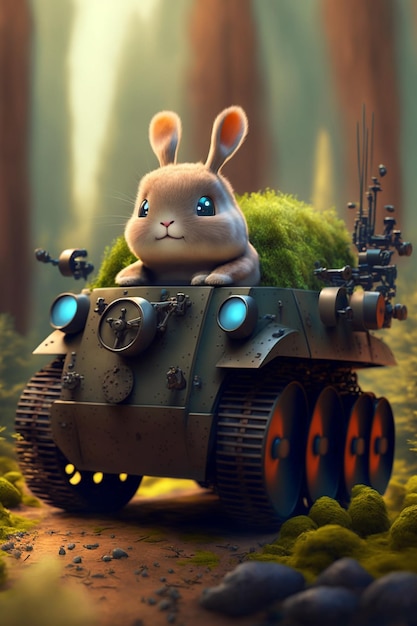 A rabbit is riding in a tank with a gun