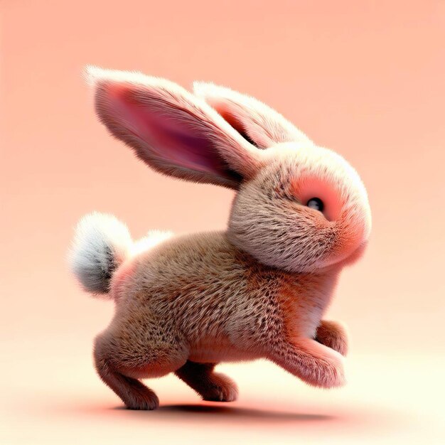 A rabbit is running in front of a pink background.