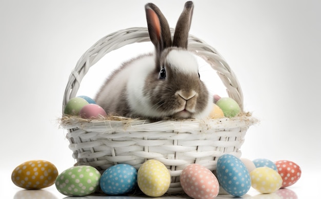 The rabbit is sitting in a basket A cute and fluffy rabbit On a white background Generative AI