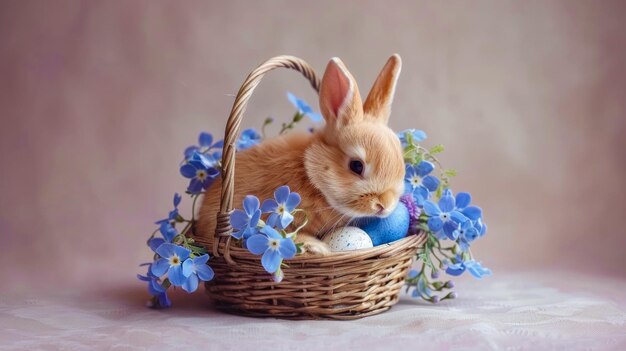 A rabbit is sitting in a basket with flowers and eggs