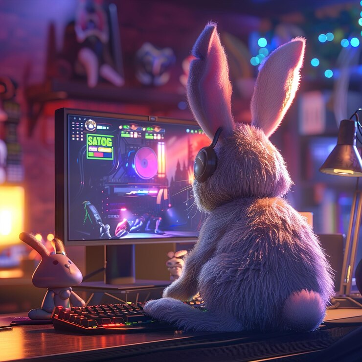Photo a rabbit is sitting on a computer keyboard with a lit up screen
