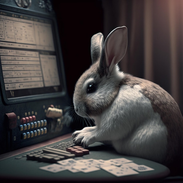 A rabbit is sitting at a computer with a number of cards on it.