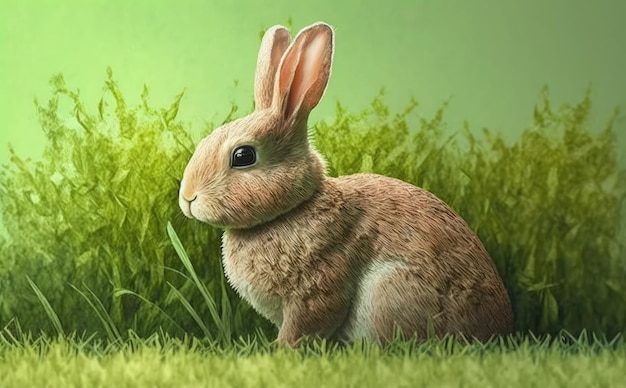 A rabbit is sitting on a green background. watercolor illustrations cartoon style ai generated