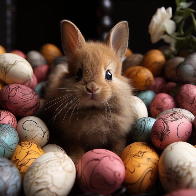 a rabbit is sitting in a pile of easter eggs