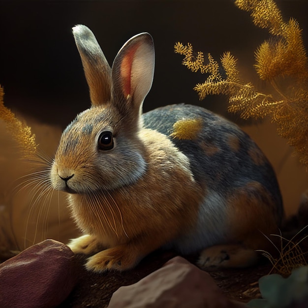 A rabbit is sitting on rocks and has a yellow flower in the middle.