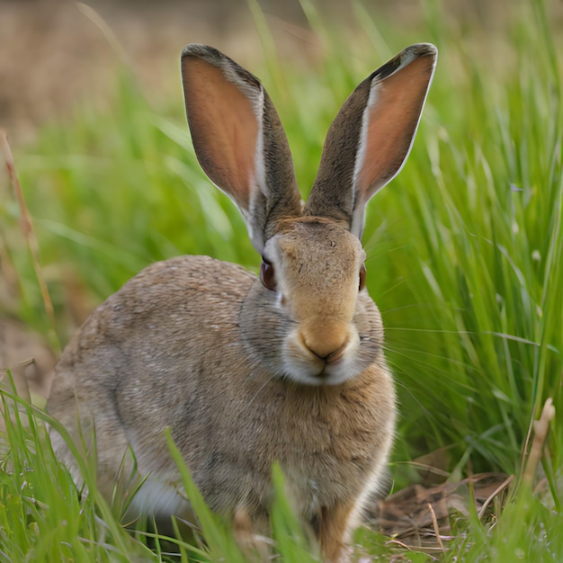 Кролик стоит в траве и смотрит на камеру.