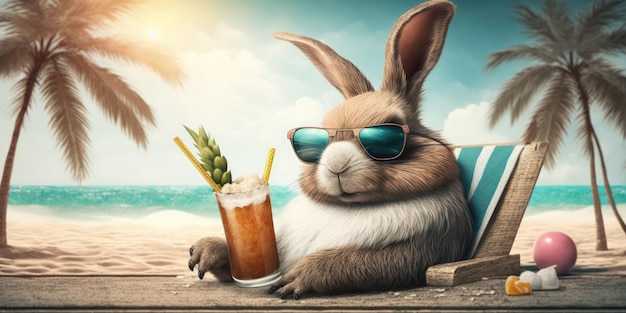 Rabbit is on summer vacation at seaside resort and relaxing on summer beach