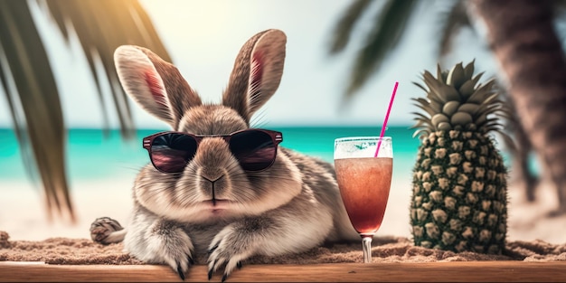 Rabbit is on summer vacation at seaside resort and relaxing on summer beach