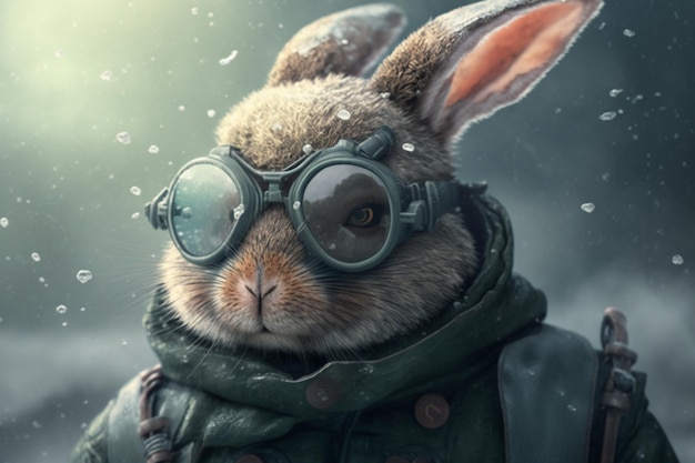 A rabbit in a jacket and glasses with the word rabbit on it