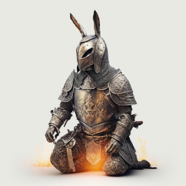Кролик в рыцарских доспехах держит меч и шпагу.