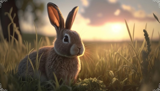 rabbit on a lawn at sunset