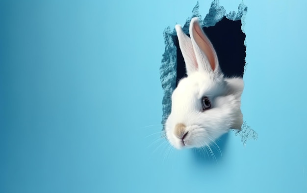 A rabbit looks through a hole in a blue wall.