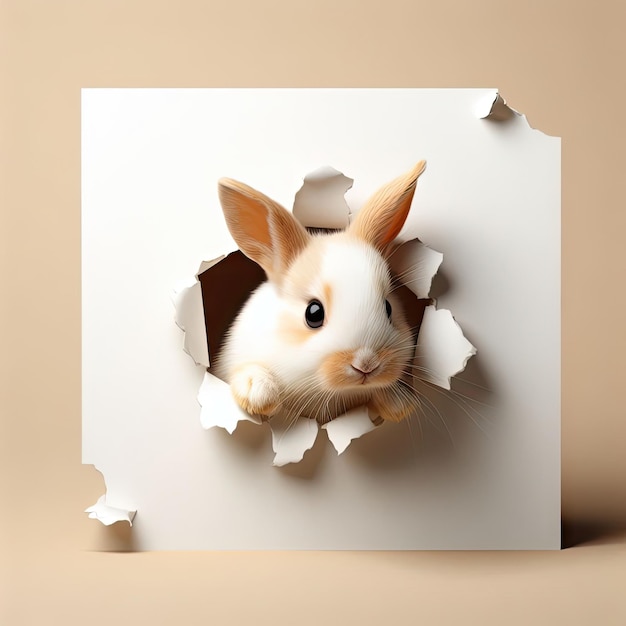 Photo rabbit looks through a hole in a paper