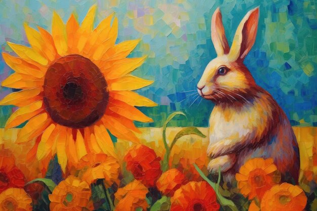 Rabbit made of oil paint modern art with sunflower Generative AI