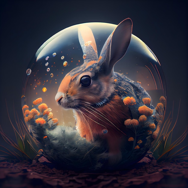 Rabbit in the magic ball 3D illustration Copy space