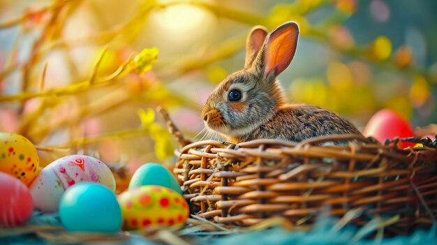 A rabbit near a wicker basket with colorful Easter eggs on a colored background