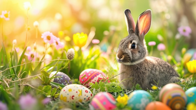 Rabbit nestled among easter eggs in the grassy natural environment aige