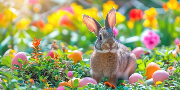 Rabbit nestled among easter eggs in the grassy natural environment aige