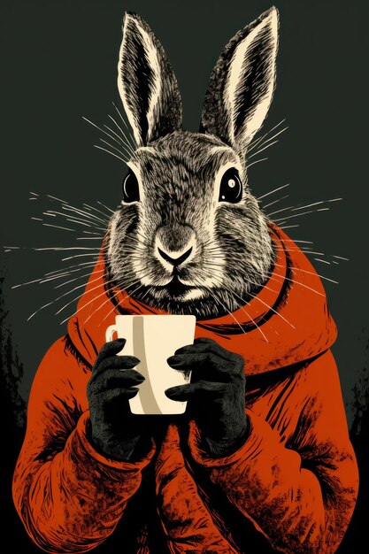 Foto un coniglio con una giacca arancione che tiene una tazza di caffè