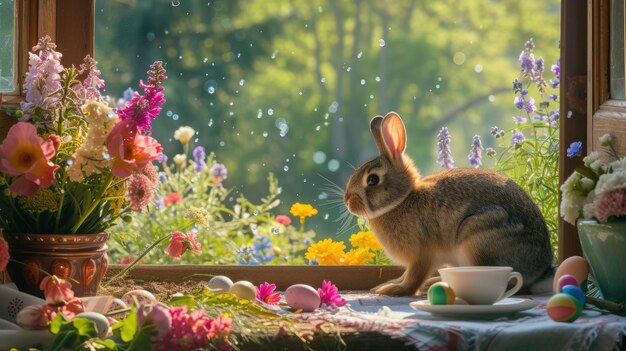 A rabbit painting in a natural landscape with a window and plant aige