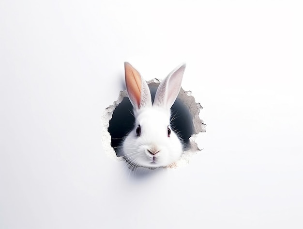 写真 白い壁の穴からウサギがき出る